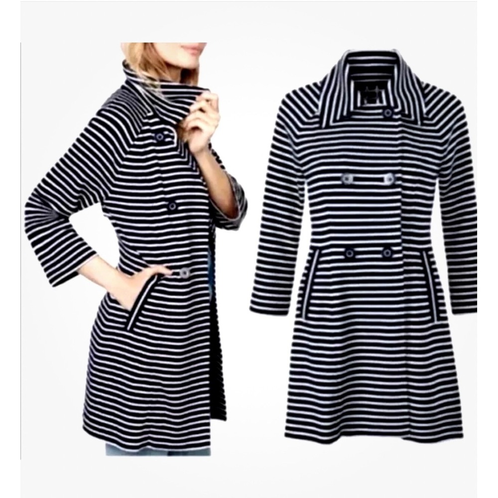 Cabi Striped Double Breasted Coat Jacket Womens Medium‎ Black White Pockets EUC